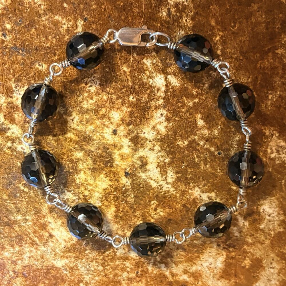 Handmade Bracelet Sterling Silver & Round Smoky Topaz Beads Handwrapped Findings